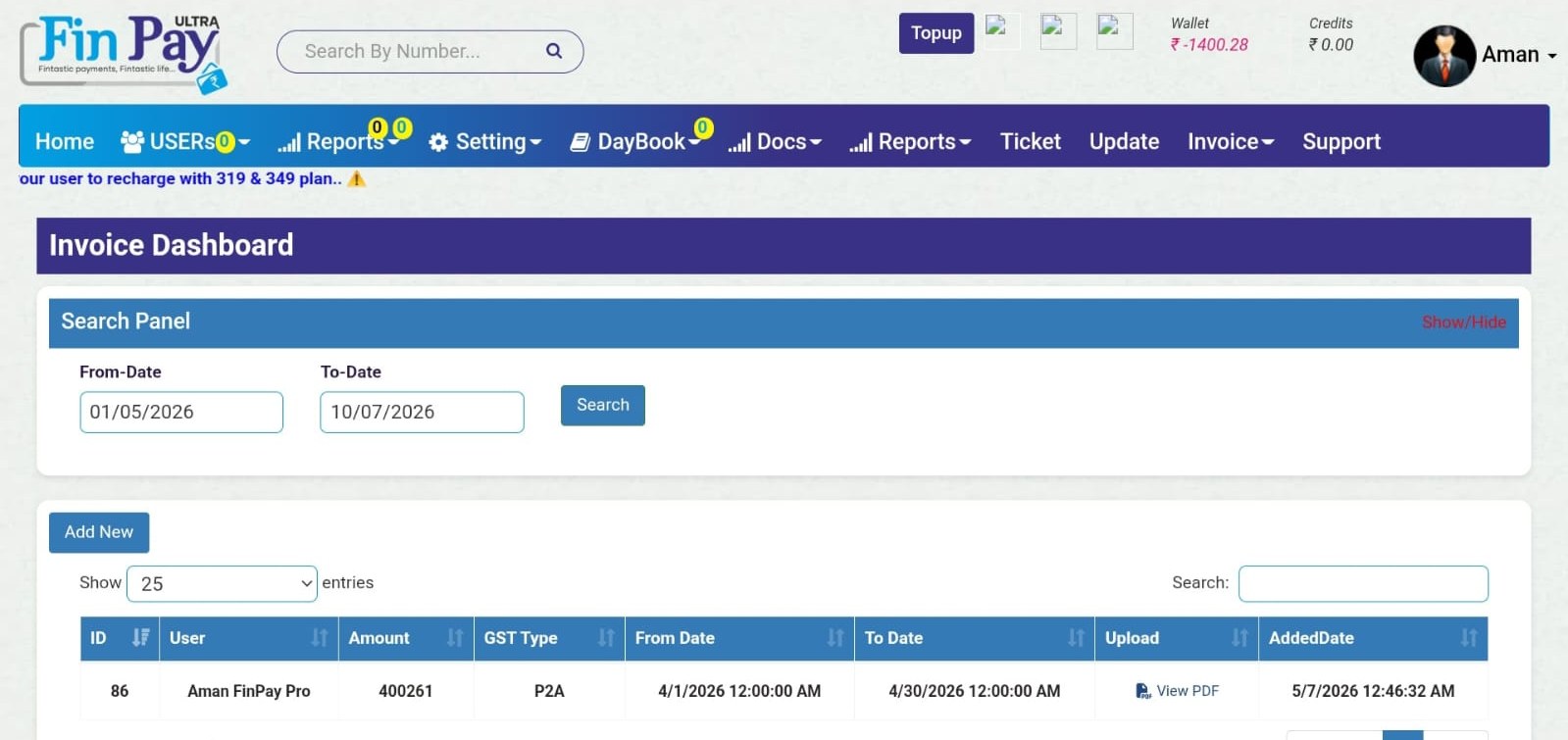 Invoice dashboard with search panel and invoice records