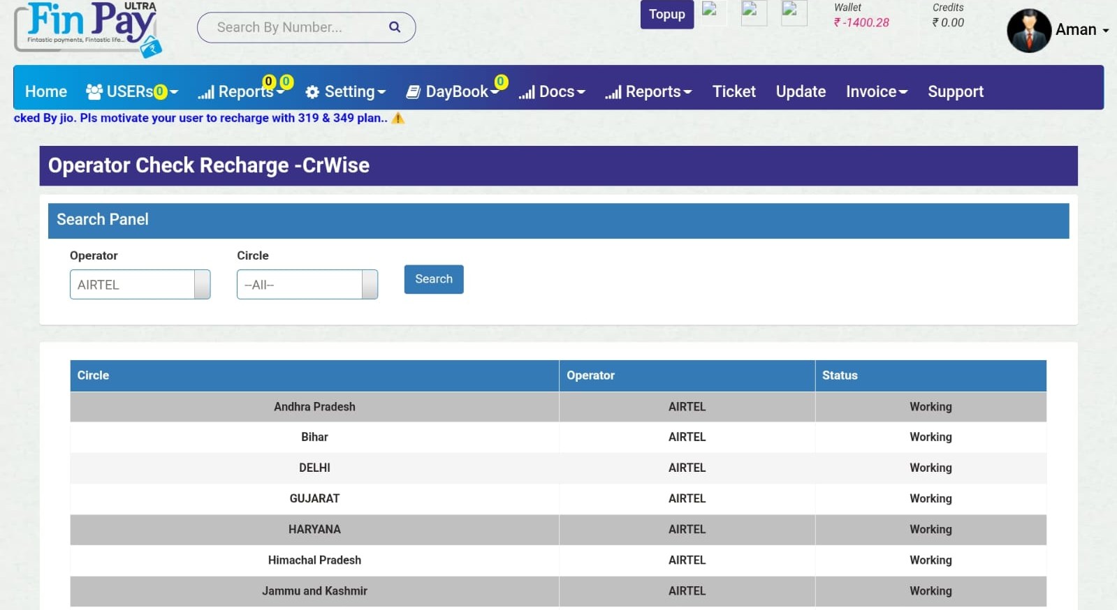 Operator Check Recharge Circle-wise status dashboard