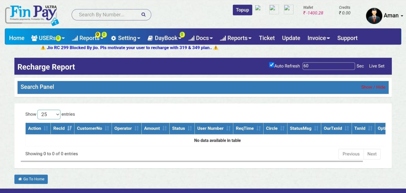 Recharge Report with auto refresh and transaction table