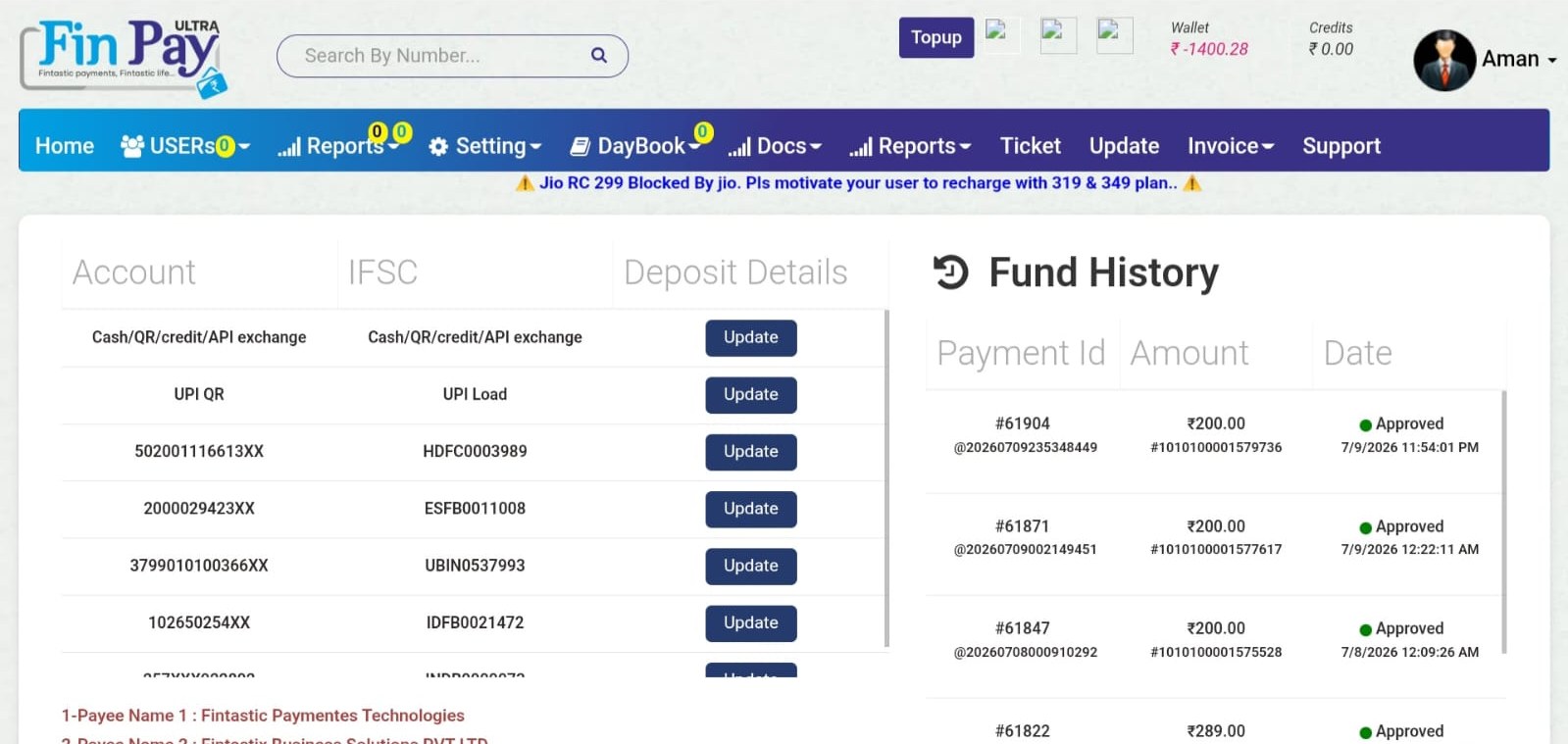 FinPay Ultra wallet dashboard showing account and fund history